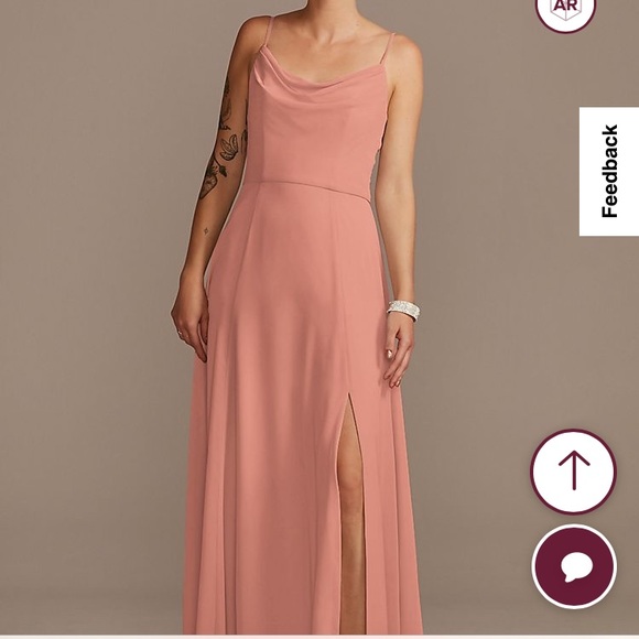 HEMMED David's Bridal Desert Coral Cowl Neck Chiffon Dress - Picture 2 of 4